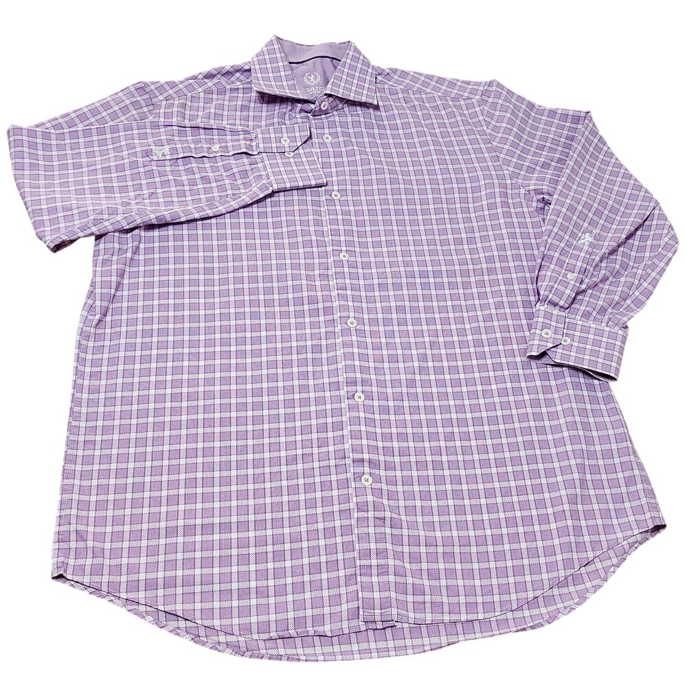 Bugatchi Uomo Dress Shirt Mens 17 34/35 Purple Gingham Cotton Long Sleeve